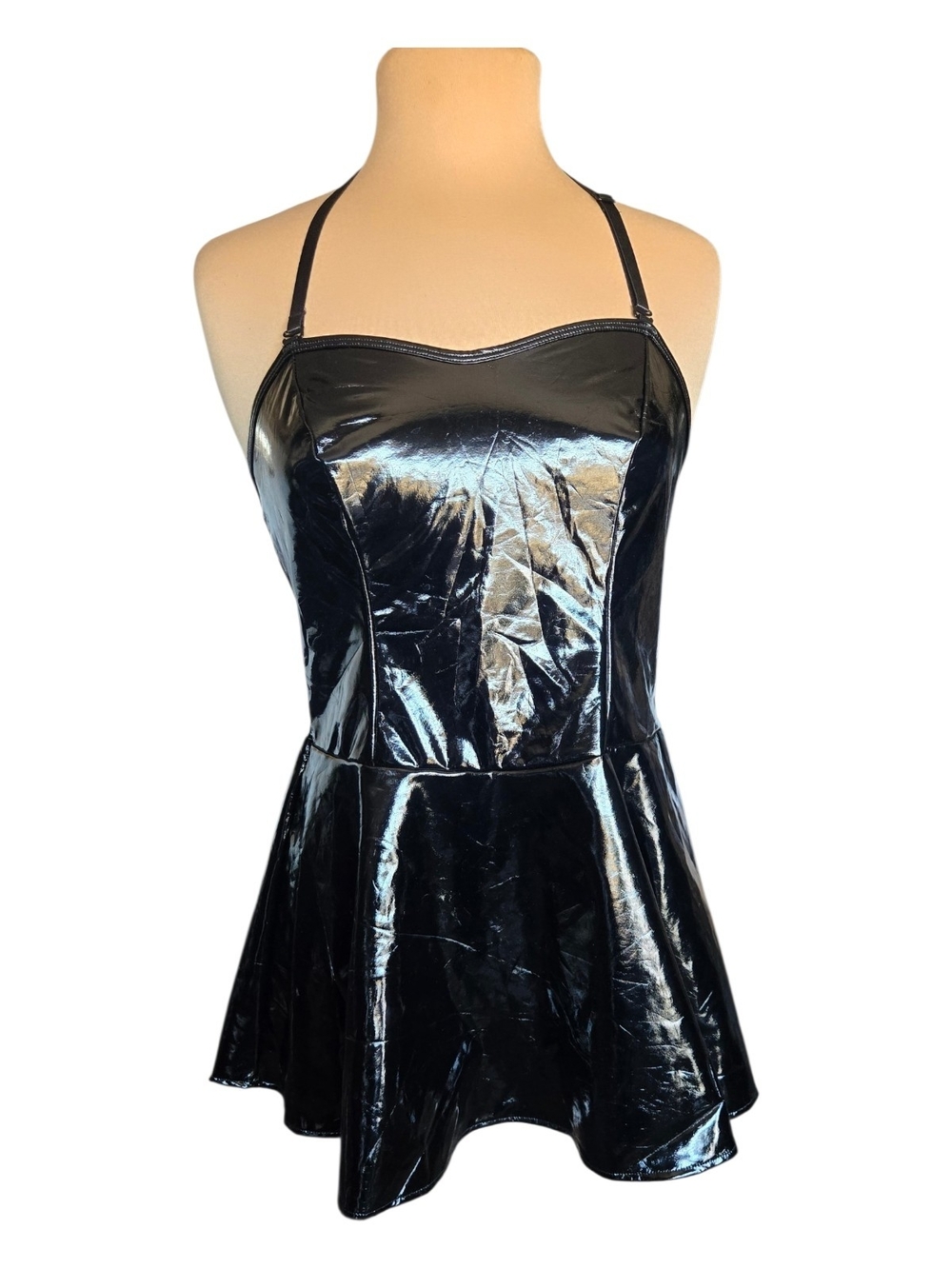 Shiny Black Vinyl Fit-and-Flare Mini Dress Sz L